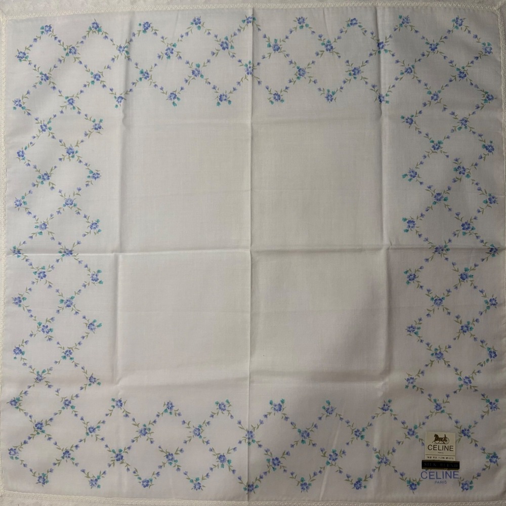 VTG CELINE Scarf Handkerchief Floral Trellis Lace Trim White Blue 18in